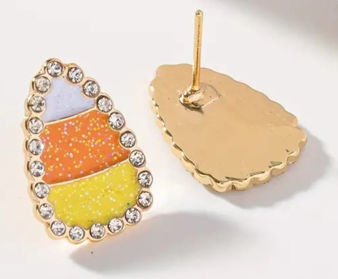 Candy Corn Halloween Design Gold Plated Rhinestone Inlay Glitter Sparkle Stud Earrings