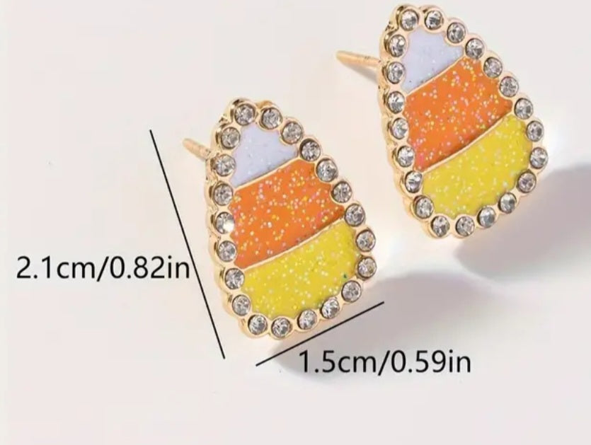 Candy Corn Halloween Design Gold Plated Rhinestone Inlay Glitter Sparkle Stud Earrings