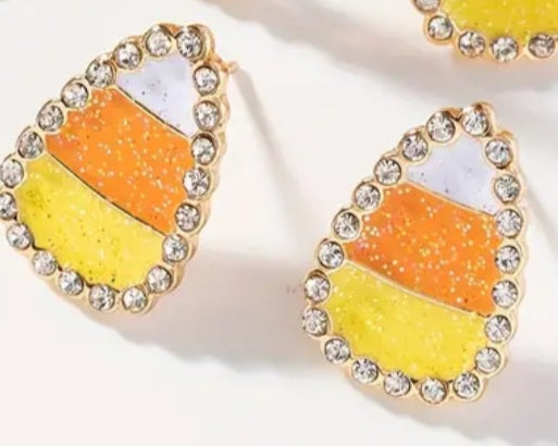 Candy Corn Halloween Design Gold Plated Rhinestone Inlay Glitter Sparkle Stud Earrings