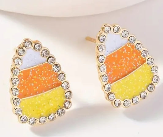 Candy Corn Halloween Design Gold Plated Rhinestone Inlay Glitter Sparkle Stud Earrings