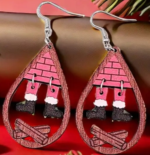 Christmas Festive Santa Chimney Boots Tear Drop Design Lightweight Wooden Charm Dangle Drop Earrings