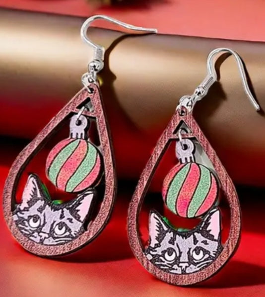 Christmas Bauble Ball Cat Kitty Tear Drop Design Lightweight Wooden Charm Dangle Drop Earrings