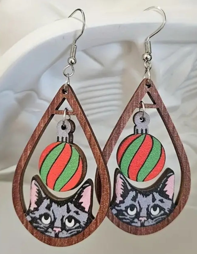 Christmas Bauble Ball Cat Kitty Tear Drop Design Lightweight Wooden Charm Dangle Drop Earrings