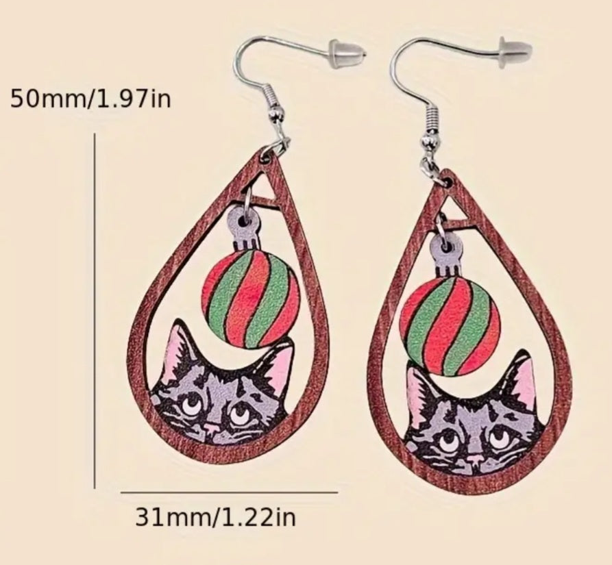 Christmas Bauble Ball Cat Kitty Tear Drop Design Lightweight Wooden Charm Dangle Drop Earrings