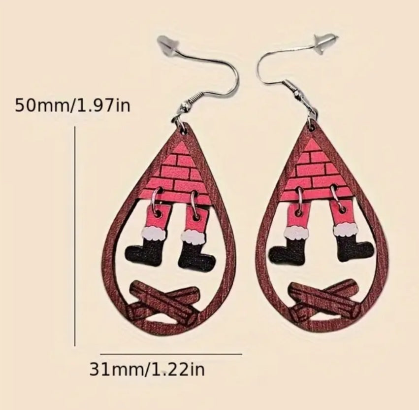 Christmas Festive Santa Chimney Boots Tear Drop Design Lightweight Wooden Charm Dangle Drop Earrings