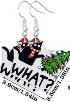 Acrylic Christmas Festive Black Cat Kitty Tree What? Design Drop Dangle Drop Earrings