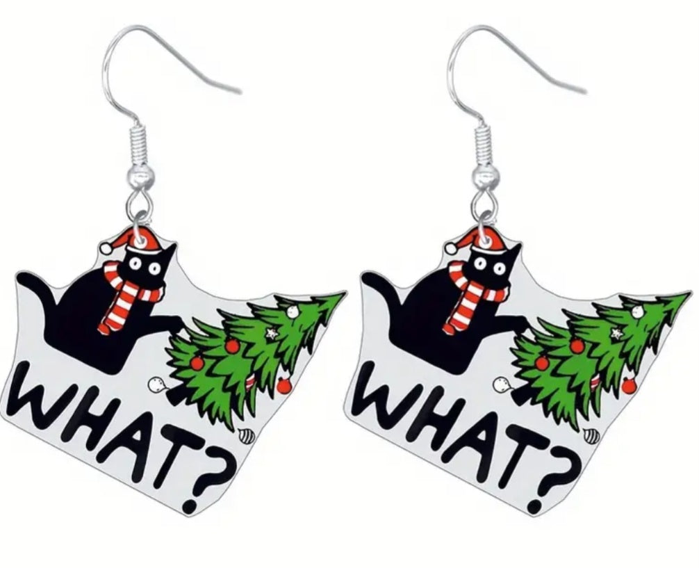 Acrylic Christmas Festive Black Cat Kitty Tree What? Design Drop Dangle Drop Earrings