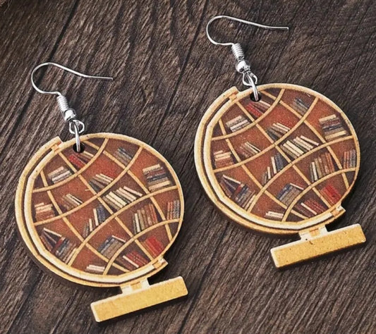 Book Shelf Globe Library Design Lightweight Wooden Drop Dangle Earrings