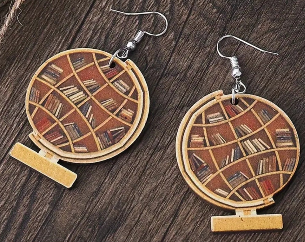 Book Shelf Globe Library Design Lightweight Wooden Drop Dangle Earrings