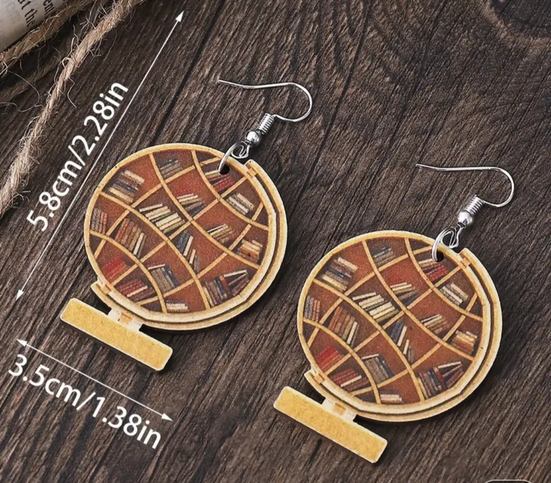 Book Shelf Globe Library Design Lightweight Wooden Drop Dangle Earrings