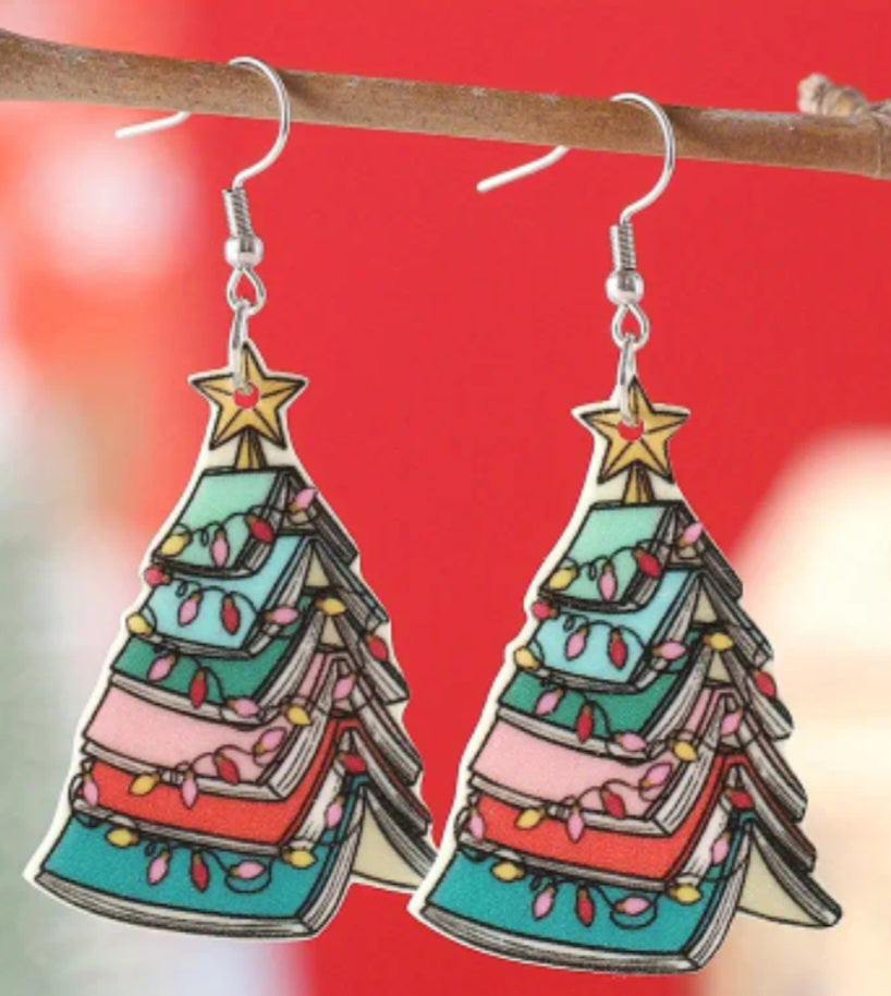 Book Christmas Tree Design Lightweight Wooden Drop Dangle Earrings