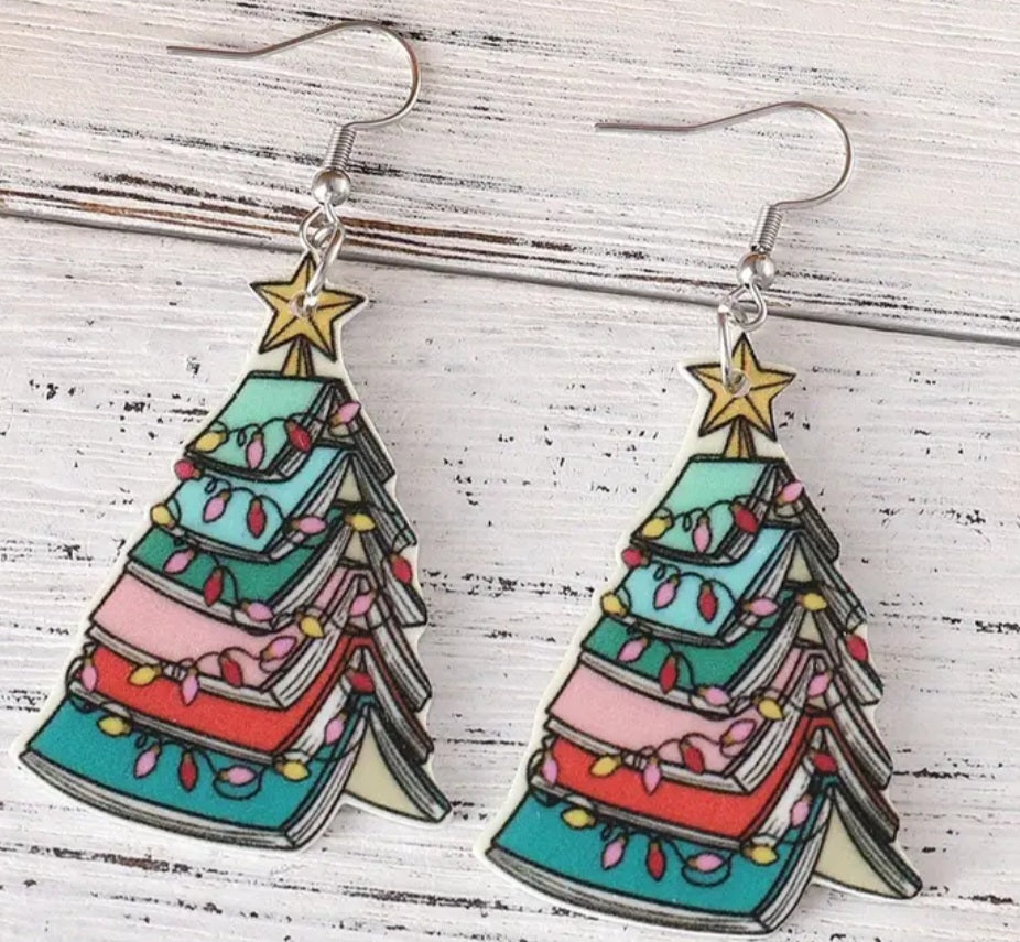 Book Christmas Tree Design Lightweight Wooden Drop Dangle Earrings