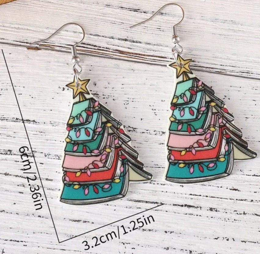 Book Christmas Tree Design Lightweight Wooden Drop Dangle Earrings