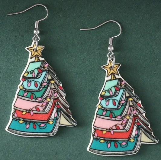 Book Christmas Tree Design Lightweight Wooden Drop Dangle Earrings