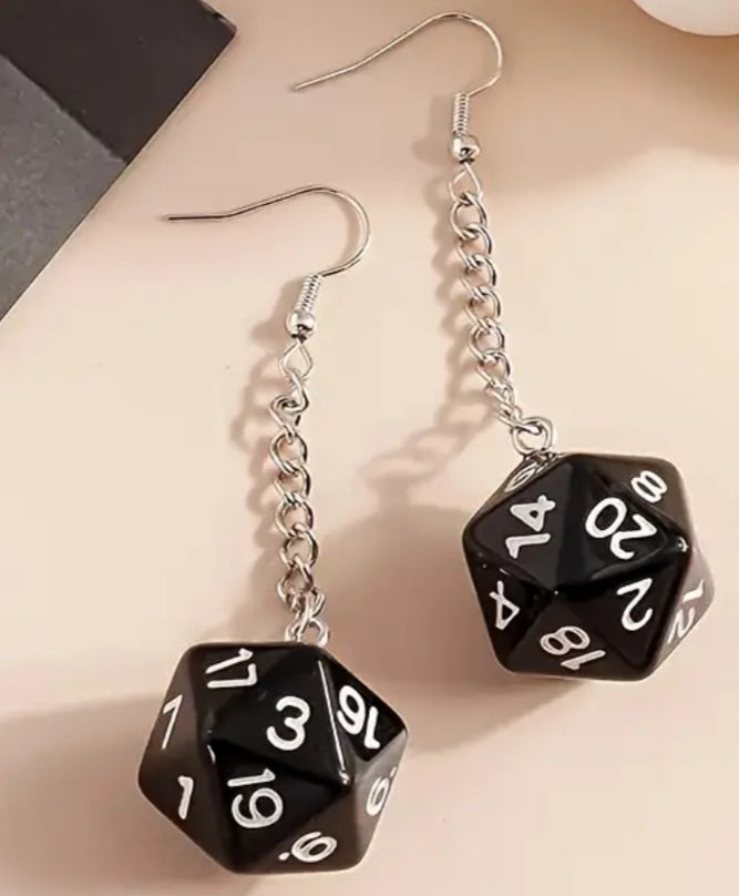 Acrylic 20 Sided Dice DnD Dungeons And Dragons D20 Design Black Drop Chain Earrings