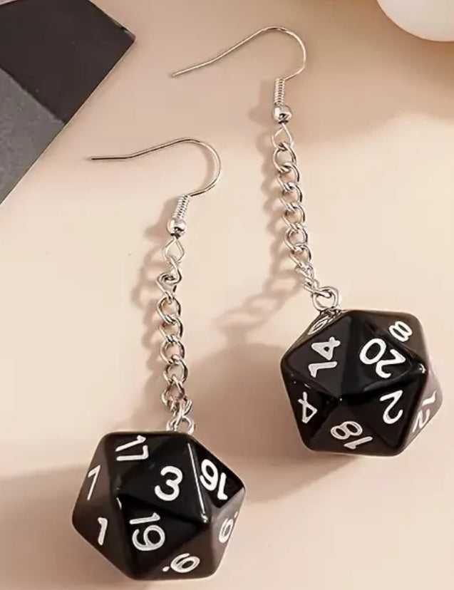 Acrylic 20 Sided Dice DnD Dungeons And Dragons D20 Design Black Drop Chain Earrings