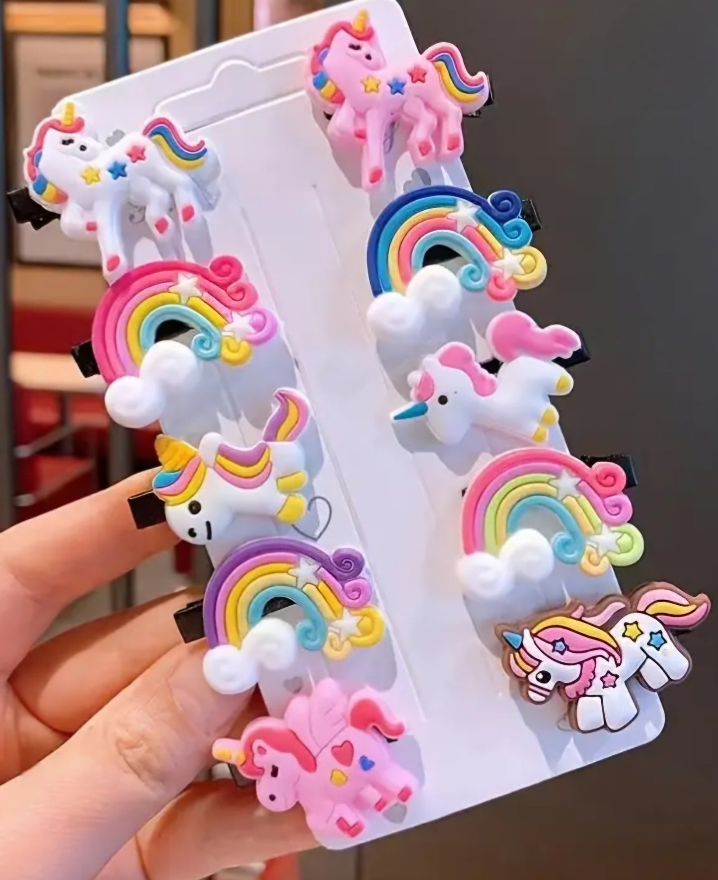 Cartoon Rainbows Unicorns 10 Piece Soft Rubber Like Resin Hair Clips