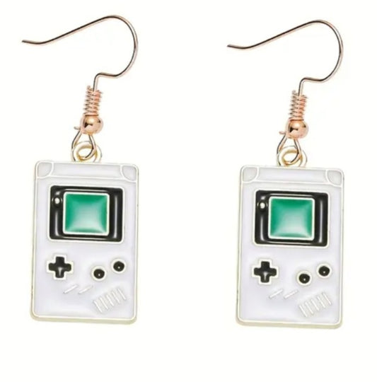 Cartoon Game Boy Inspired Gold Plated White Painted Enamel Design Drop Dangle Earrings