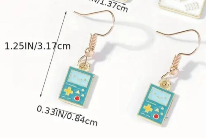 Cartoon Game Boy Inspired Gold Plated Green Painted Enamel Tiny Small Design Drop Dangle Earrings