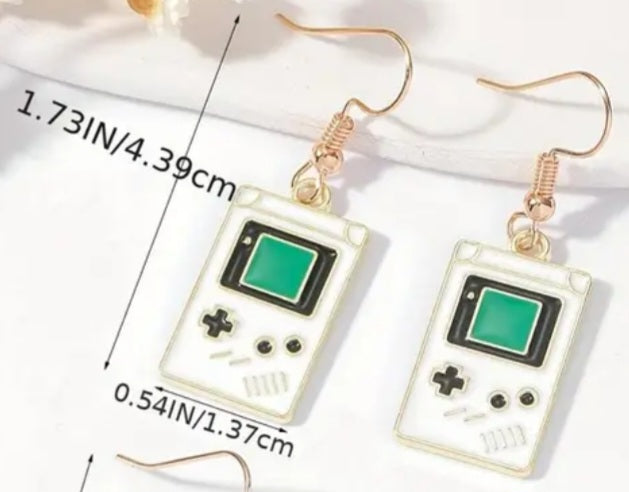 Cartoon Game Boy Inspired Gold Plated White Painted Enamel Design Drop Dangle Earrings