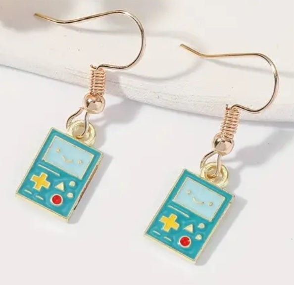 Cartoon Game Boy Inspired Gold Plated Green Painted Enamel Tiny Small Design Drop Dangle Earrings