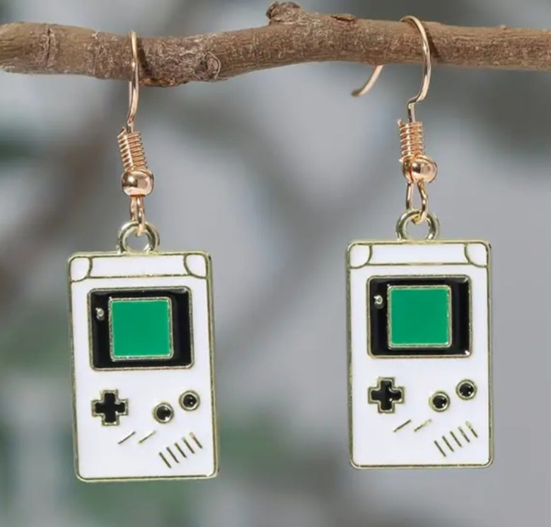 Cartoon Game Boy Inspired Gold Plated White Painted Enamel Design Drop Dangle Earrings