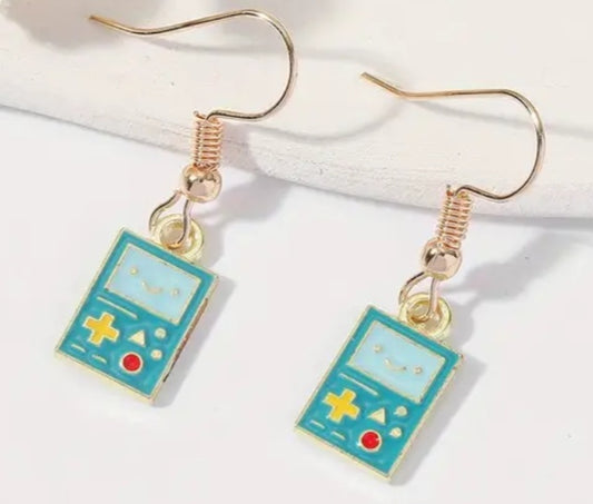 Cartoon Game Boy Inspired Gold Plated Green Painted Enamel Tiny Small Design Drop Dangle Earrings