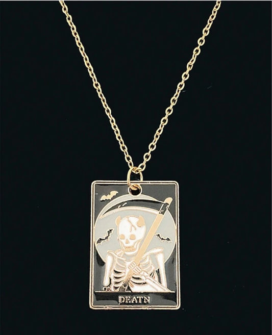 Fortune Teller Gothic Mystic Halloween Psychic Tarot Card Death Design Gold Plated Pendant Necklace