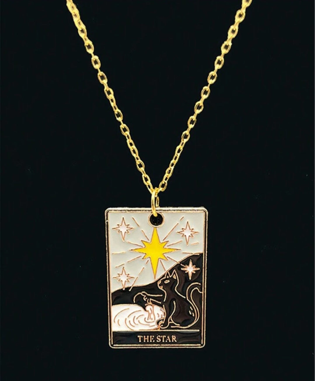 Fortune Teller Gothic Mystic Halloween Psychic Tarot Card The Star Cat Design Gold Plated Pendant Necklace