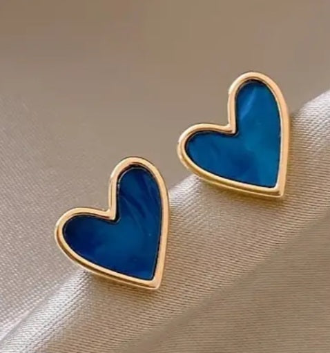 Blue Glazed Enamel Heart Design Gold Plated Small Stud Earrings