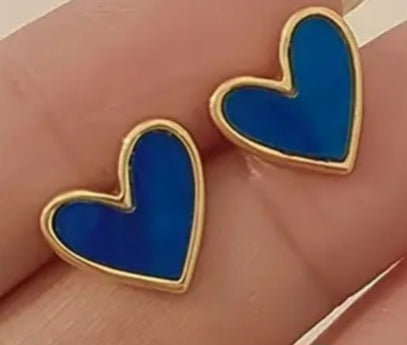 Blue Glazed Enamel Heart Design Gold Plated Small Stud Earrings