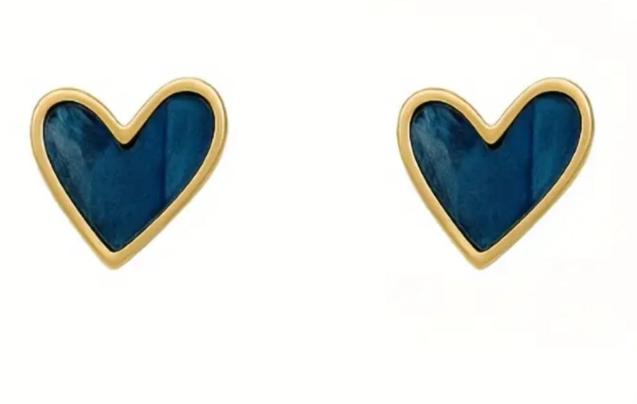 Blue Glazed Enamel Heart Design Gold Plated Small Stud Earrings