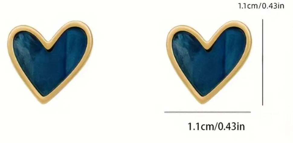 Blue Glazed Enamel Heart Design Gold Plated Small Stud Earrings