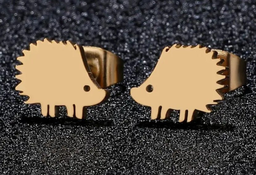 Adorable Hedgehog Design Gold Plated Stainless Steel Small Teeny Stud Earrings