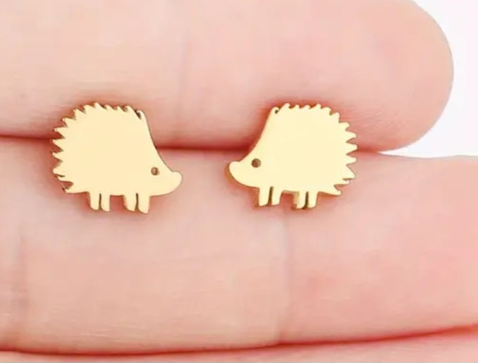 Adorable Hedgehog Design Gold Plated Stainless Steel Small Teeny Stud Earrings