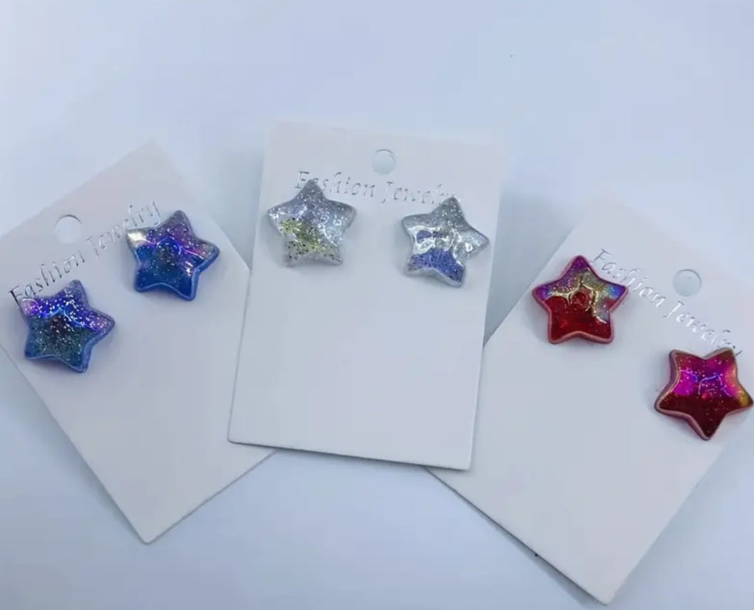 Acrylic Glitter Sparkle Red Blue Clear Star Design Set Of 3 Large Stud Earrings