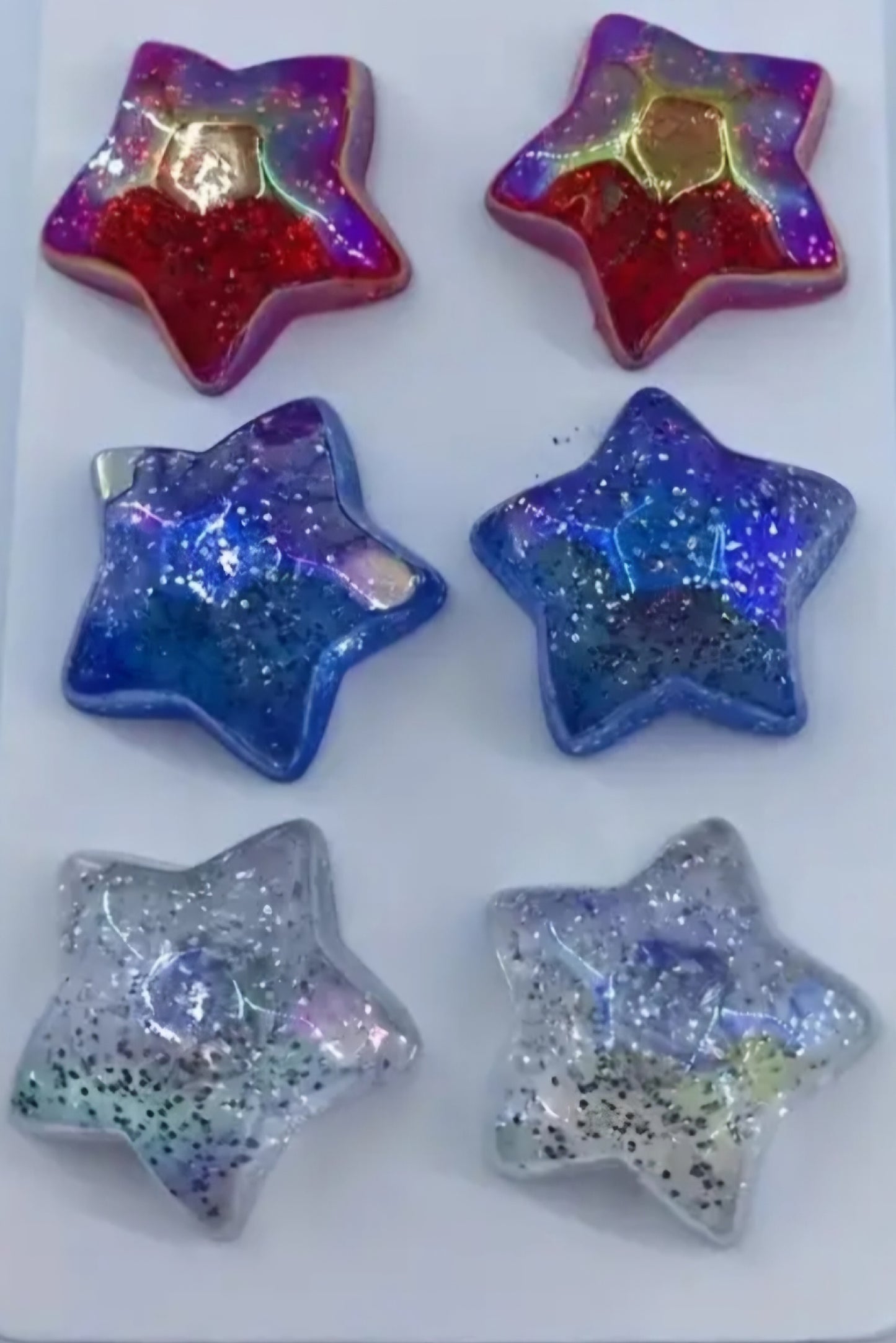 Acrylic Glitter Sparkle Red Blue Clear Star Design Set Of 3 Large Stud Earrings