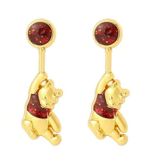 Gold Plated Faux Ruby Rhinestine Winnie The Pooh Inspired Small Drop Earrings