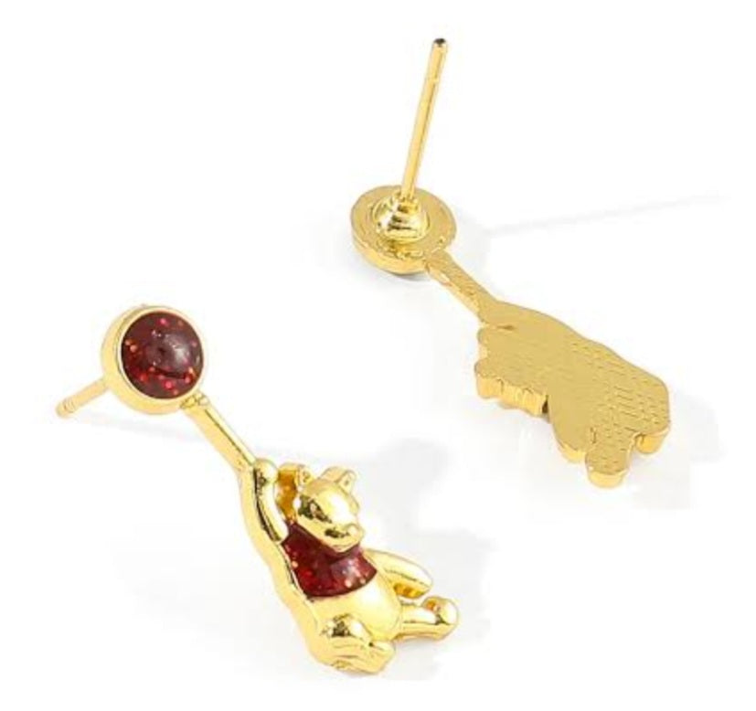 Gold Plated Faux Ruby Rhinestine Winnie The Pooh Inspired Small Drop Earrings