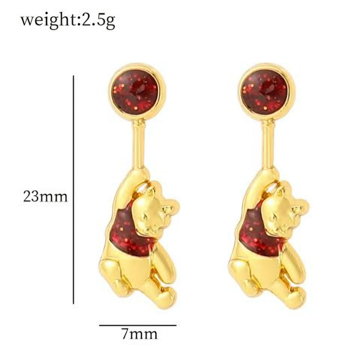 Gold Plated Faux Ruby Rhinestine Winnie The Pooh Inspired Small Drop Earrings