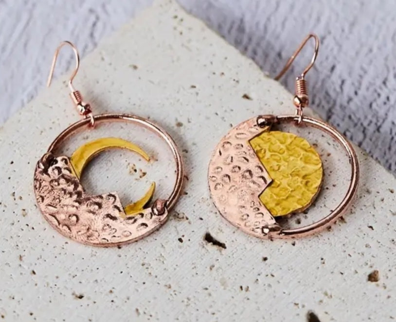 Copper Tone Hammered Metal Cresent Full Moon Design Circle Drop Dangle Earrings