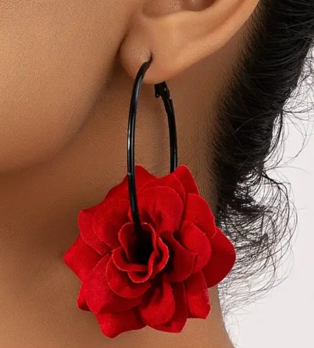 Fabric Red Large  Flower Rose On Black Enamel Metal Hoop Earrings