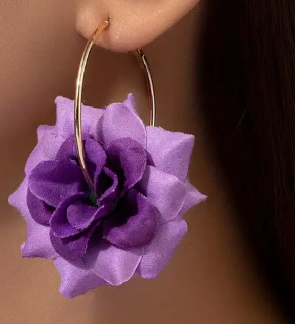 Fabric Lilac Purple Rose Large Flower On Gold Plated Hoop Earrings