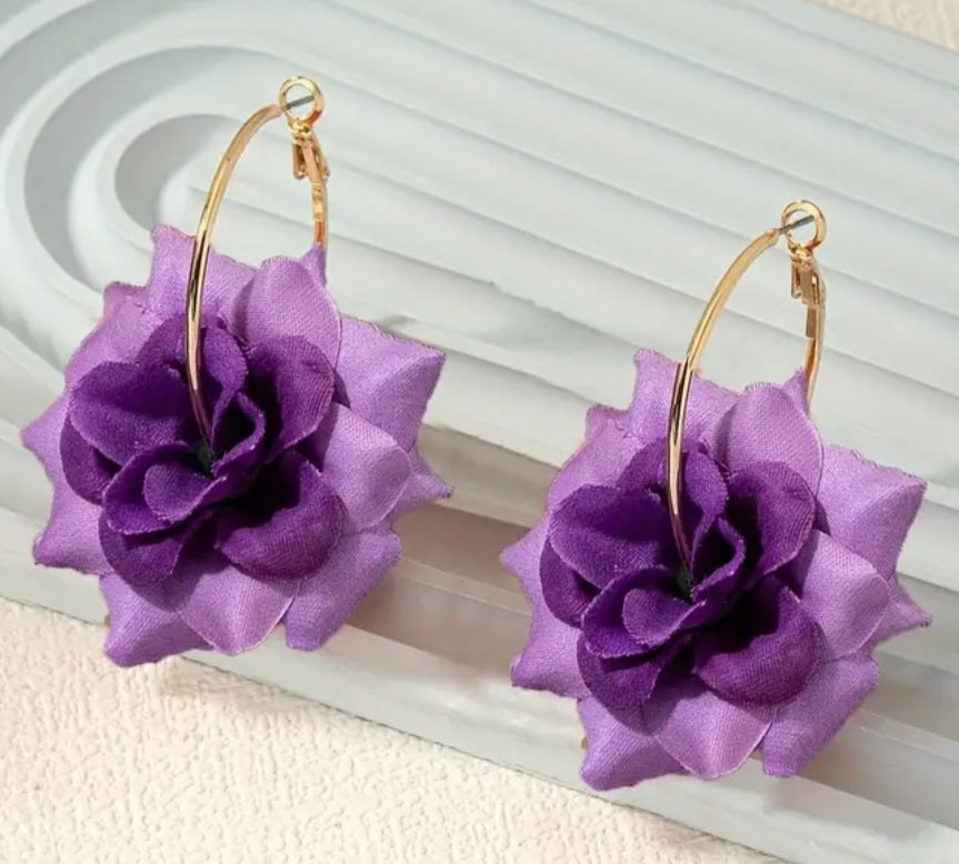 Fabric Lilac Purple Rose Large Flower On Gold Plated Hoop Earrings