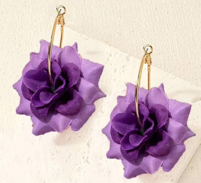 Fabric Lilac Purple Rose Large Flower On Gold Plated Hoop Earrings