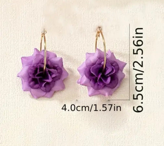 Fabric Lilac Purple Rose Large Flower On Gold Plated Hoop Earrings