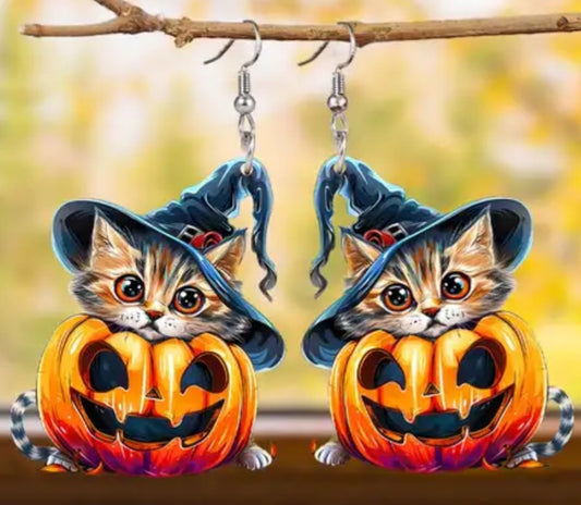 Acrylic Cartoon Cat Kitty In Witches Hat Pumpkin Jack O Lantern Design Halloween Drop Dangle Earrings