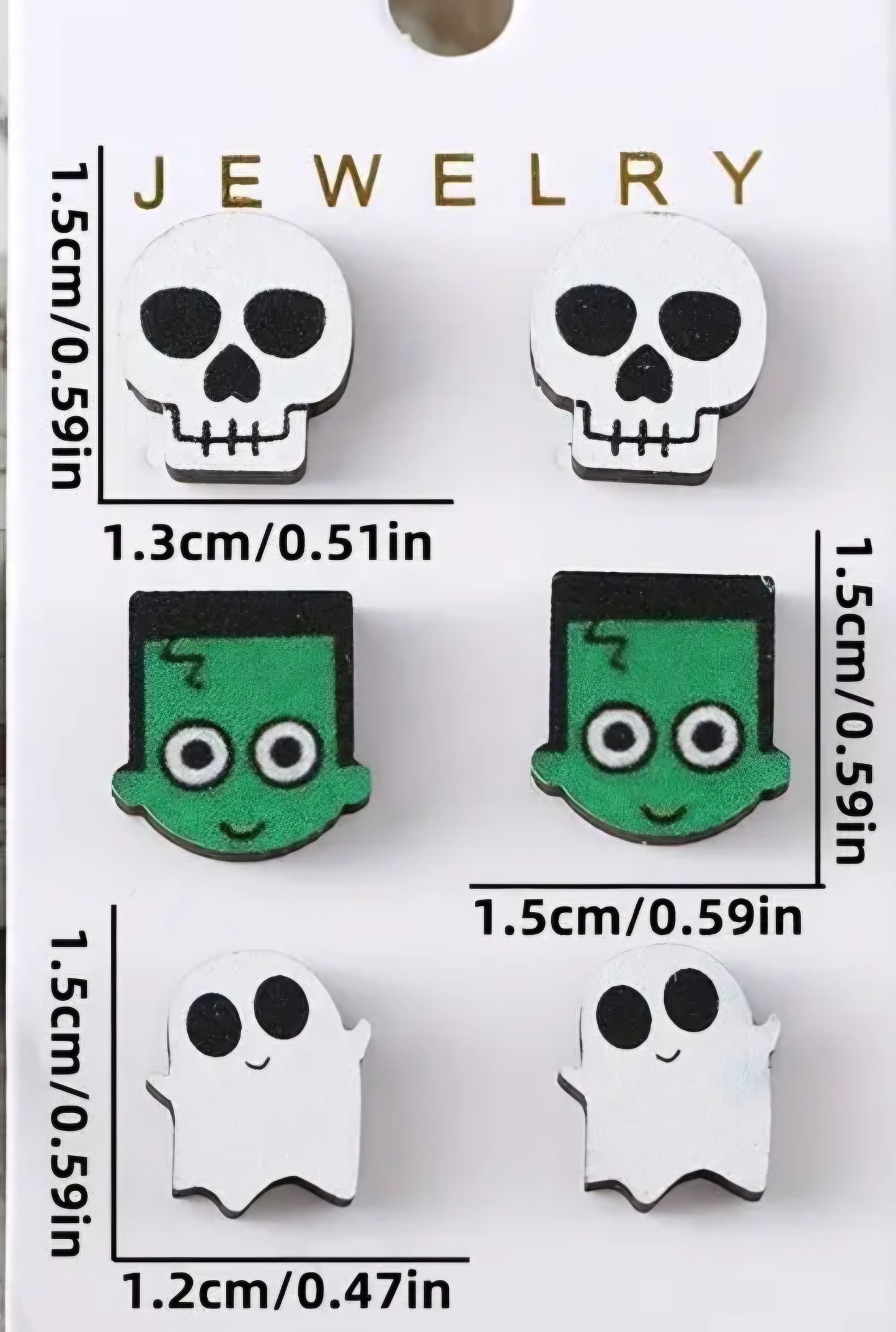 Ghost Frankenstein's Monster Skull Halloween Gothic Wooden Stud Earrings Set Of 3