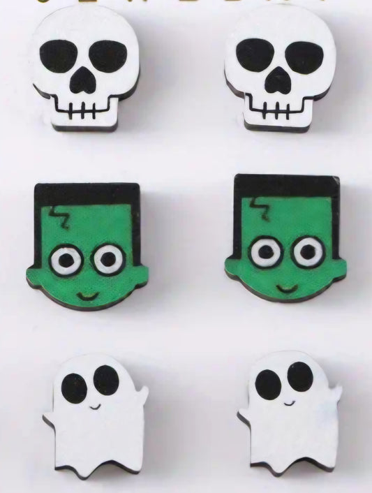 Ghost Frankenstein's Monster Skull Halloween Gothic Wooden Stud Earrings Set Of 3