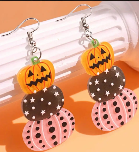 Acrylic Cartoon Halloween Gothic Jack O Lantern Triple Pumpkin Design Lightweight Drop Dangle Earrings